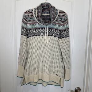 Eddie Bauer Fair Isle Pullover Sweater Cowl Neck Drawstring Ivory Wool Blend M